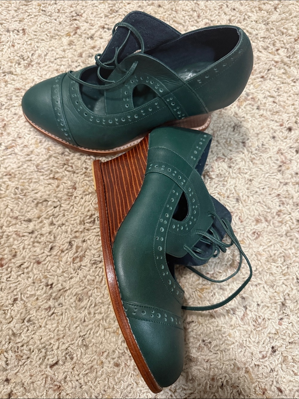 ELF Dark Green stockholm leather Oxford wedges